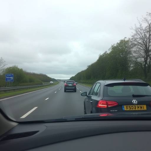 A British-plated car driving on a European highway, highlighting the impact of Brexit on UK drivers using EuroVignettes